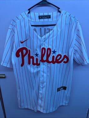 Nike White and Red Pinstripe Nick Castellanos Phillies Button-Front Jersey